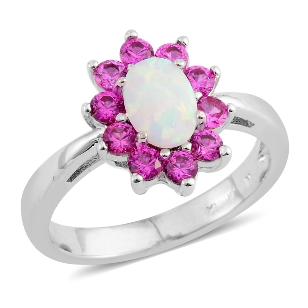 Beautiful Opal & Pink Silvertone Rhodium Ring-7.5